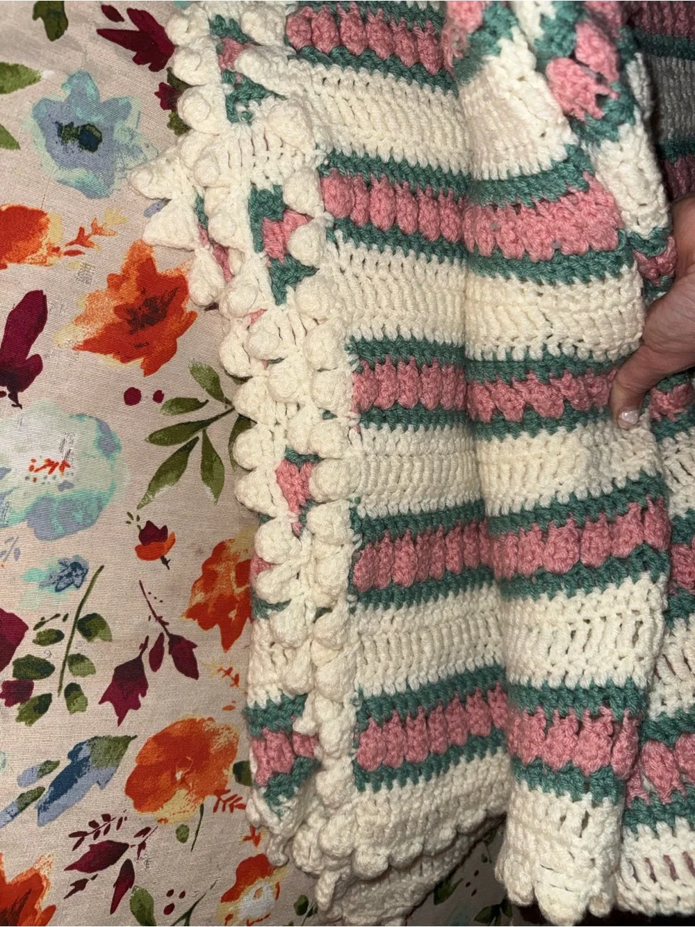 Handmade Crochet Full size Blanket in White, Pink & Sage